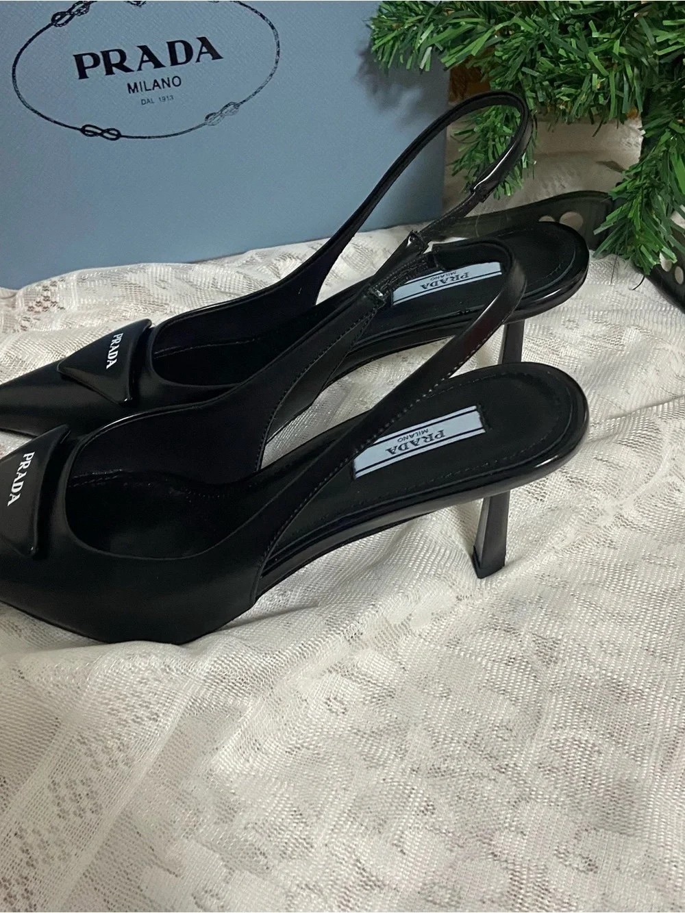 Prada Black Pointed Slingback Pumps with Logo Plaque - Picture 4 of 4